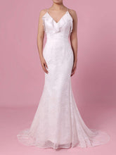 Gorgeous Trumpet/Mermaid V-neck Lace Wedding Dress with Cascading Ruffles and Sweep Train
