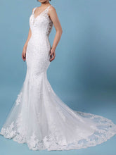 Gorgeous Trumpet/Mermaid V-neck Tulle Wedding Dress with Beading and Sweep Train