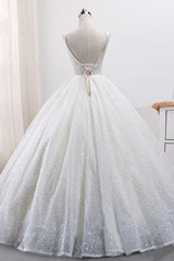 Gorgeous Tulle V-Neck Ball Gown Wedding Dress Sparkly Sequined Sleeveless Bridal Gowns On Sale-27dress