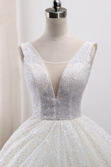 Gorgeous Tulle V-Neck Ball Gown Wedding Dress Sparkly Sequined Sleeveless Bridal Gowns On Sale-27dress