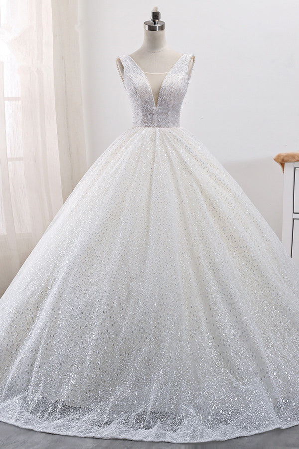 Gorgeous Tulle V-Neck Ball Gown Wedding Dress Sparkly Sequined Sleeveless Bridal Gowns On Sale-27dress
