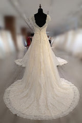 Gorgeous V-Neck Cap Sleeves Tulle Wedding Dress Lace Appliques Ruffle Bridal Gowns Online-27dress