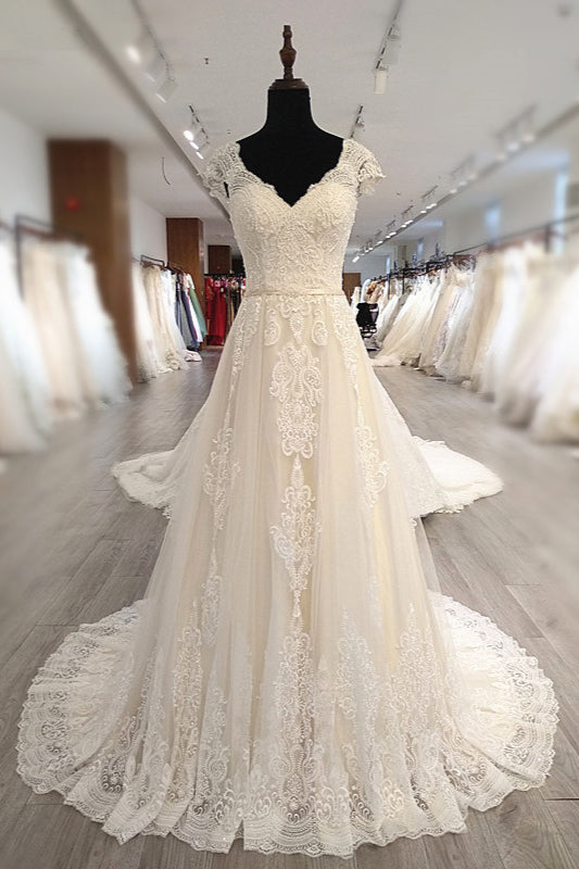 Gorgeous V-Neck Cap Sleeves Tulle Wedding Dress Lace Appliques Ruffle Bridal Gowns Online-27dress