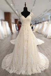 Gorgeous V-Neck Cap Sleeves Tulle Wedding Dress Lace Appliques Ruffle Bridal Gowns Online-27dress