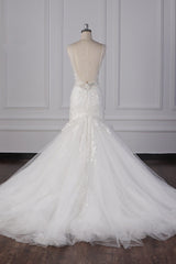 Gorgeous V-Neck Mermaid Lace Appliques Wedding Dress Sequined Sleeveless Bridal Gowns Online-27dress