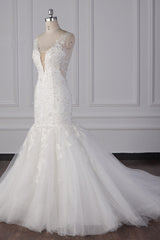 Gorgeous V-Neck Mermaid Lace Appliques Wedding Dress Sequined Sleeveless Bridal Gowns Online-27dress