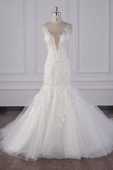 Gorgeous V-Neck Mermaid Lace Appliques Wedding Dress Sequined Sleeveless Bridal Gowns Online-27dress