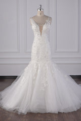 Gorgeous V-Neck Mermaid Lace Appliques Wedding Dress Sequined Sleeveless Bridal Gowns Online-27dress
