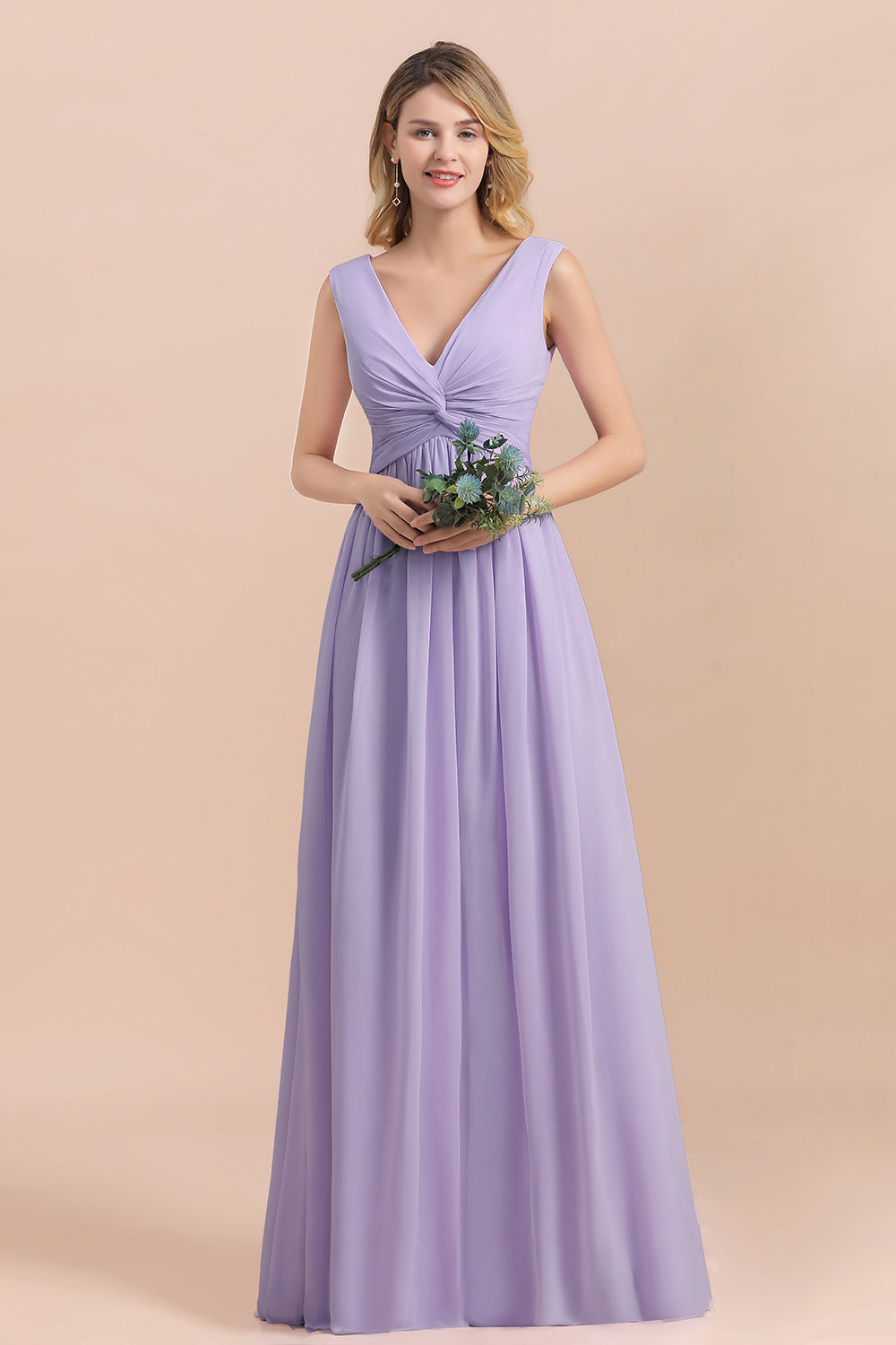 Gorgeous V-Neck Ruffle Lilac Chiffon Affordable Bridesmaid Dress with Ruffle-27dress