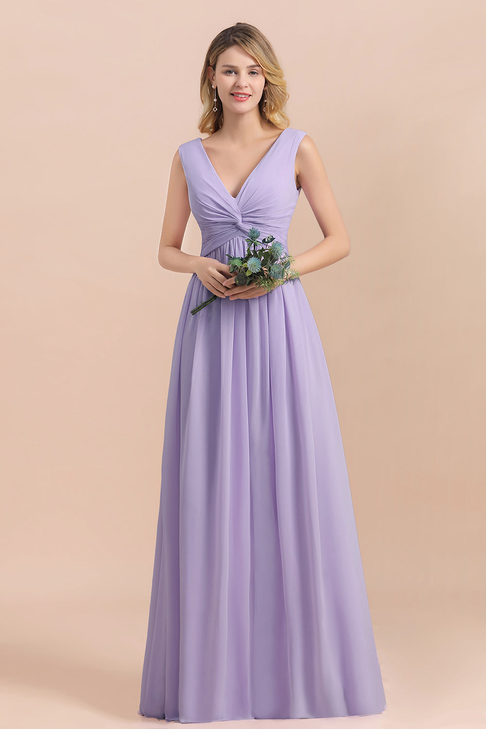 Gorgeous V-Neck Ruffle Lilac Chiffon Affordable Bridesmaid Dress with Ruffle-27dress