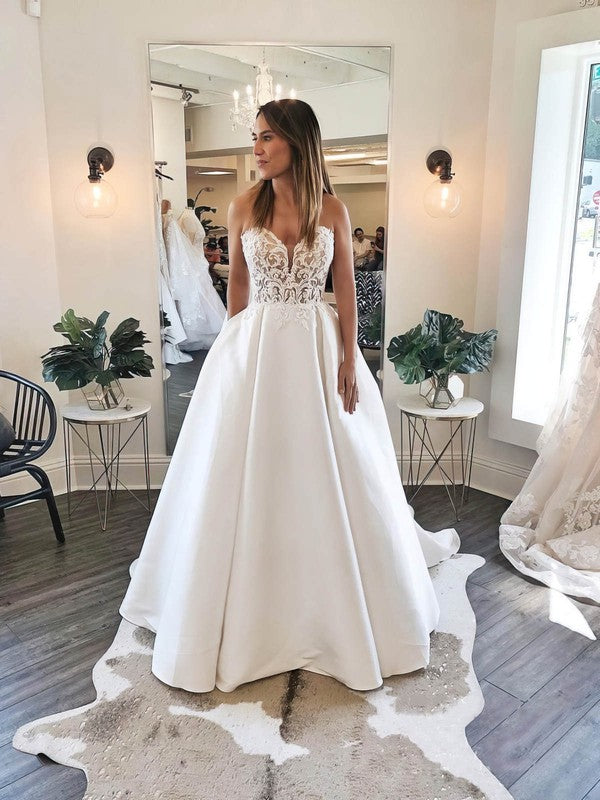 Gorgeous V-neck Satin Ball Gown Wedding Dress with Pockets