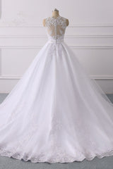 Gorgeous V-Neck Satin Tulle Lace Wedding Dress White Appliques Sleeveless Bridal Gowns On Sale-27dress
