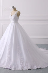 Gorgeous V-Neck Satin Tulle Lace Wedding Dress White Appliques Sleeveless Bridal Gowns On Sale-27dress