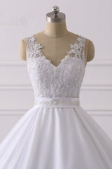 Gorgeous V-Neck Satin Tulle Lace Wedding Dress White Appliques Sleeveless Bridal Gowns On Sale-27dress