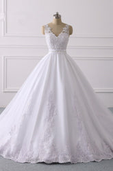 Gorgeous V-Neck Satin Tulle Lace Wedding Dress White Appliques Sleeveless Bridal Gowns On Sale-27dress