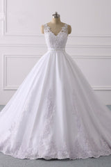 Gorgeous V-Neck Satin Tulle Lace Wedding Dress White Appliques Sleeveless Bridal Gowns On Sale-27dress
