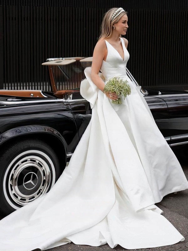 Gorgeous V-neck Satin Wedding Dress with Bow and Chapel Train