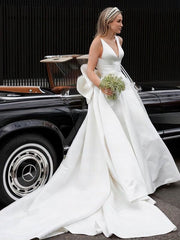 Gorgeous V-neck Satin Wedding Dress with Bow and Chapel Train