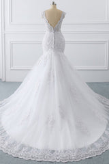 Gorgeous V-neck Sleeveless Mermaid Wedding Dress Lace White Bridal Gowns On Sale-27dress
