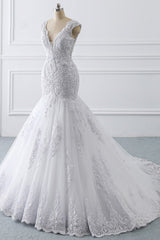 Gorgeous V-neck Sleeveless Mermaid Wedding Dress Lace White Bridal Gowns On Sale-27dress