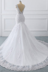 Gorgeous V-neck Sleeveless Mermaid Wedding Dress Lace White Bridal Gowns On Sale-27dress