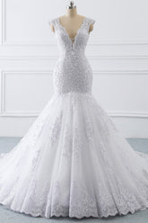 Gorgeous V-neck Sleeveless Mermaid Wedding Dress Lace White Bridal Gowns On Sale-27dress