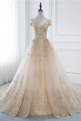 Gorgeous V-Neck Sleeveless Tulle Wedding Dress Champagne Appliques Bridal Gowns Online-27dress