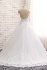 Gorgeous V neck Straps Sleeveless Wedding Dresses White A line Lace Bridal Gowns With Appliques Online-27dress