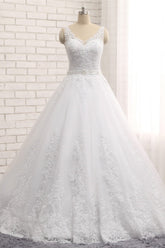 Gorgeous V neck Straps Sleeveless Wedding Dresses White A line Lace Bridal Gowns With Appliques Online-27dress
