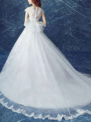 Gorgeous V-neck Tulle Court Train Wedding Dress with Appliques Lace
