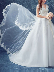 Gorgeous V-neck Tulle Court Train Wedding Dress with Appliques Lace