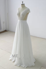 Gorgeous White Lace Backless V-Neck Long Wedding Dress Sleeveless Appliques Bridal Gowns On Sale-27dress