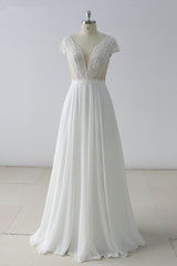 Gorgeous White Lace Backless V-Neck Long Wedding Dress Sleeveless Appliques Bridal Gowns On Sale-27dress