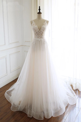 Gorgeous White Tulle Lace Long Wedding Dress Sleeveless Custom Size Bridal Gowns On Sale-27dress