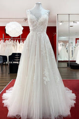 Graceful Ivory Tulle V Neck Lace Ruffles A-Line Wedding Dresses-27dress