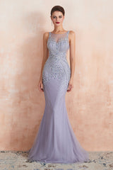 Graceful Long Jewel Tulle Mermaid Evening Dress-27dress