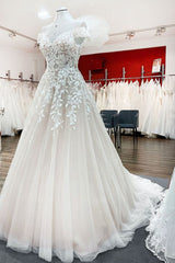 Graceful Off The Shoulder Tulle Lace Ruffles A-Line Wedding Dresses-27dress