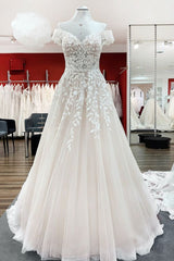 Graceful Off The Shoulder Tulle Lace Ruffles A-Line Wedding Dresses-27dress