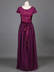 Grape Lace Chiffon A-line Modest Short Sleeve Scoop Neck Mother of the Bride Dress