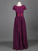 Grape Lace Chiffon A-line Modest Short Sleeve Scoop Neck Mother of the Bride Dress