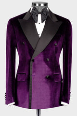 Grape Peaked Lapel Double Breasted Velvet Prom Suits