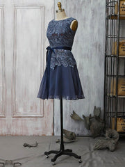 Gray Lace Chiffon Sashes/Ribbons Short/Mini Mother of the Bride Dress with Different Scoop Neck