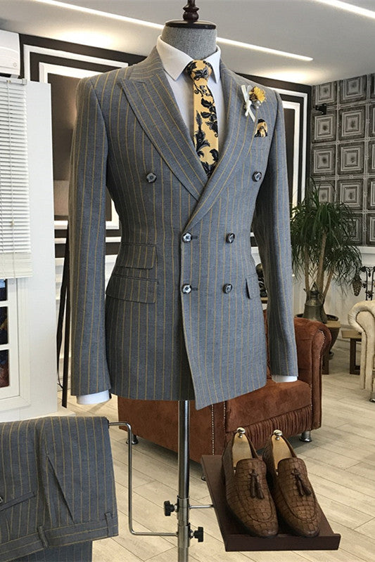 Peaked Lapel Double Breasted Striped Gray Business Suits