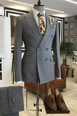 Peaked Lapel Double Breasted Striped Gray Business Suits