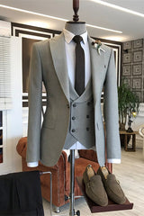 Gray Peaked Lapel Three Pieces Slim Suits For Business