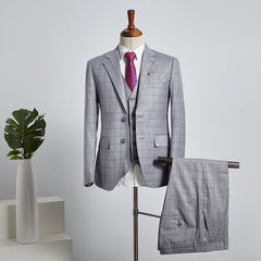 Gray Plaid 3 Pieces Slim Fit Tailored Business Suit