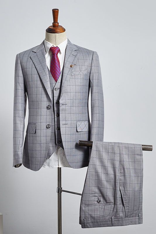 Gray Plaid 3 Pieces Slim Fit Tailored Business Suit