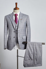 Gray Plaid 3 Pieces Slim Fit Tailored Business Suit
