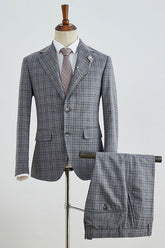 Gray Plaid Slim Fit Tailored Business Suit For Men