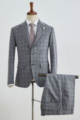 Gray Plaid Slim Fit Tailored Business Suit For Men